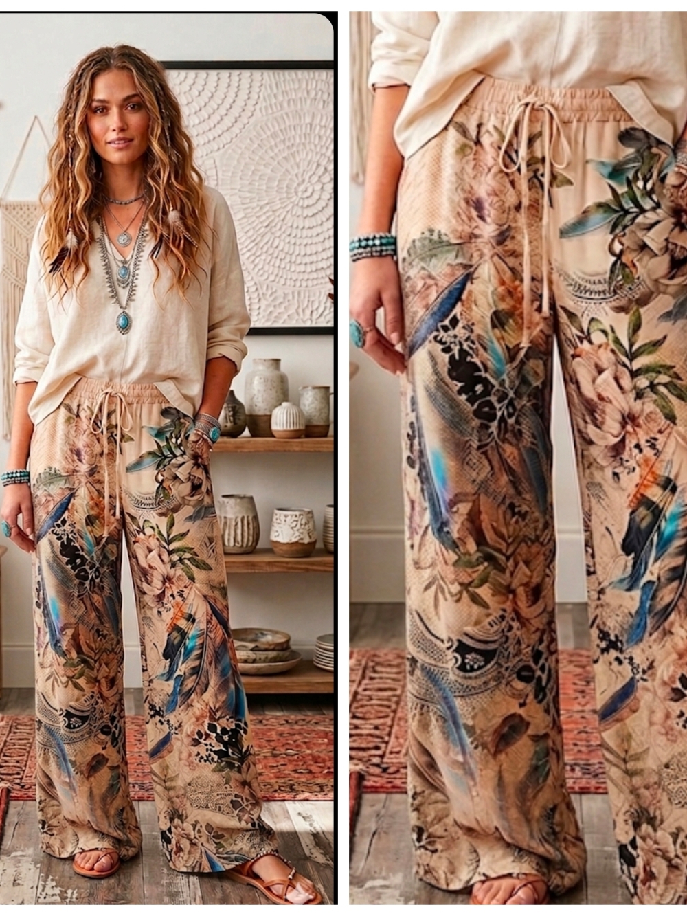 Boho Floral Feather Printed Straight Leg Drawstring Pants - Beige